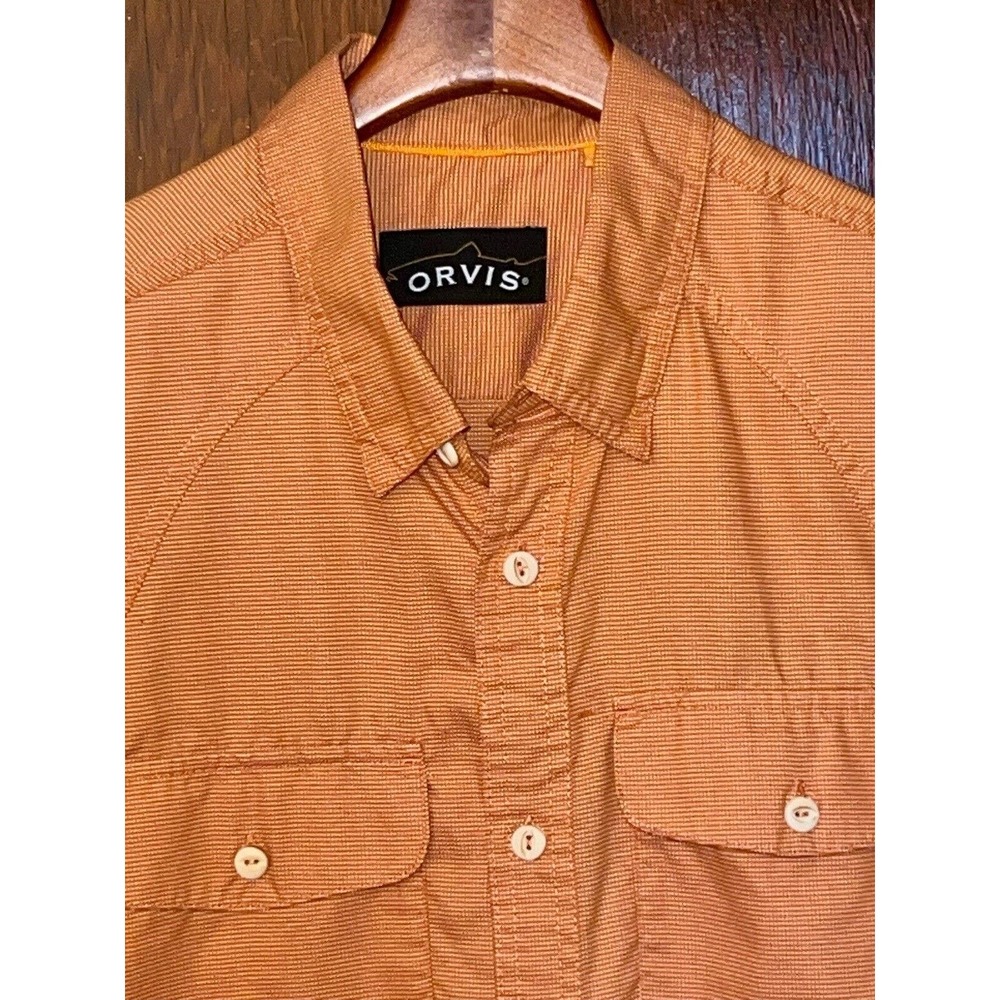 ORVIS ORANGE WHITE OUTDOOR GUIDE L/S SHIRT SIZE M DOUBLE CHEST POCKET